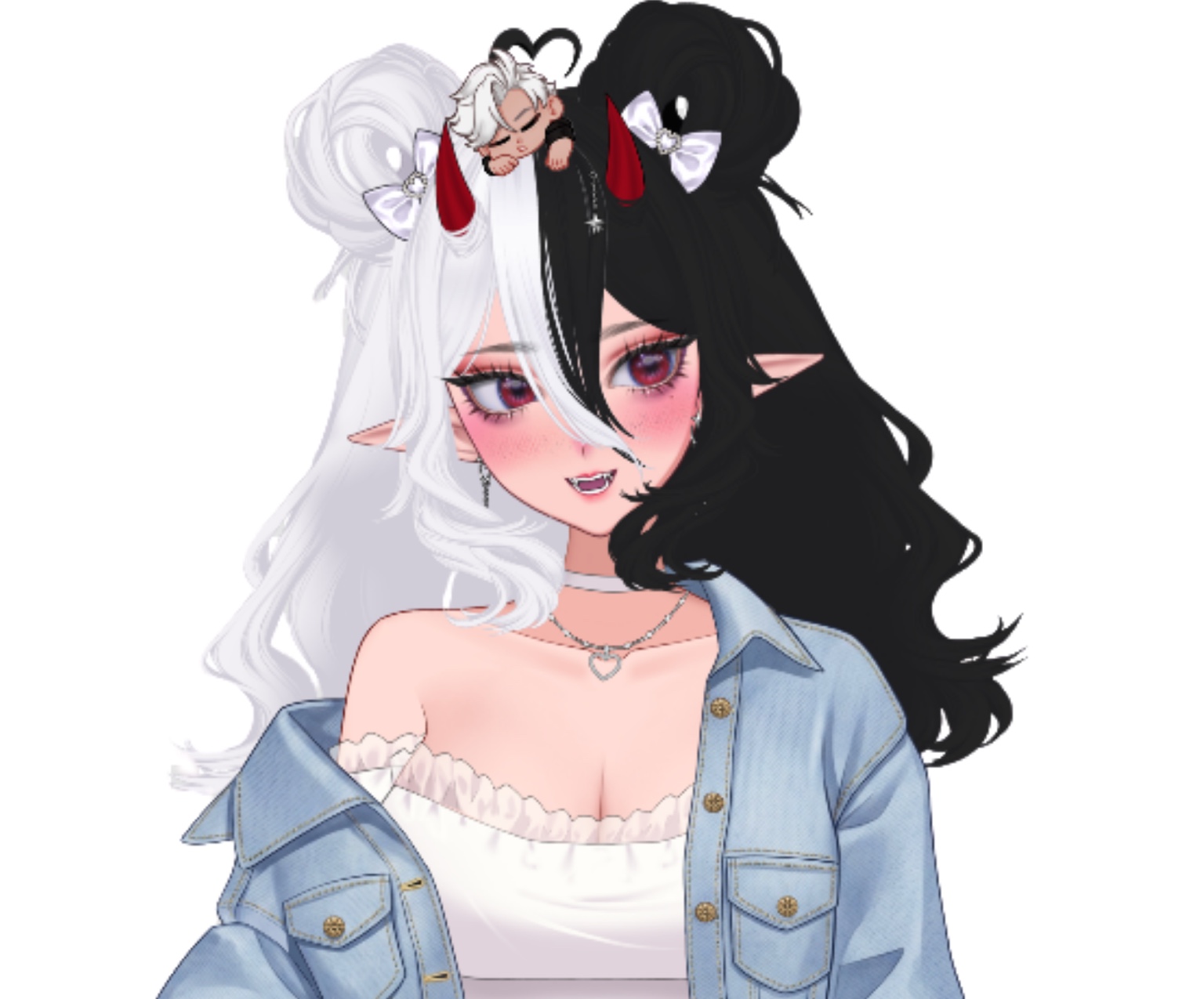 Le VTuber de Yumi, aux cheveux noirs et blancs et aux cornes rouges